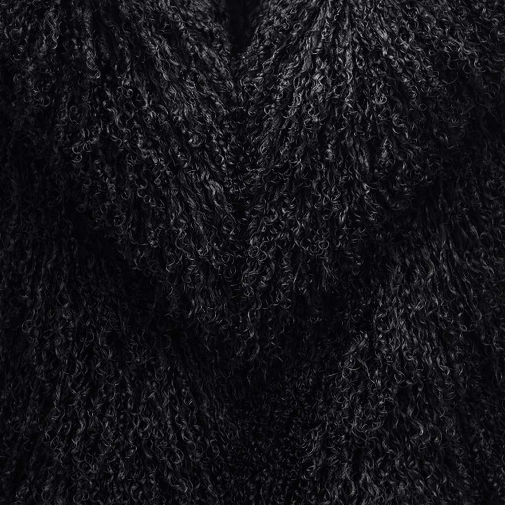 Long black Mongolian fur coat with voluminous curly shearling – UK winter outerwear