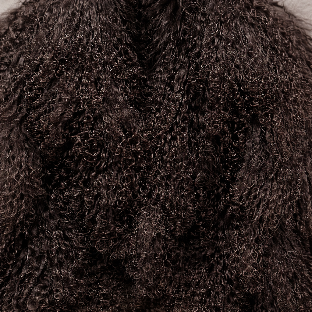 Close-up of dark brown Mongolian fur coat showing dense curly shearling texture – UK women’s winter outerwear